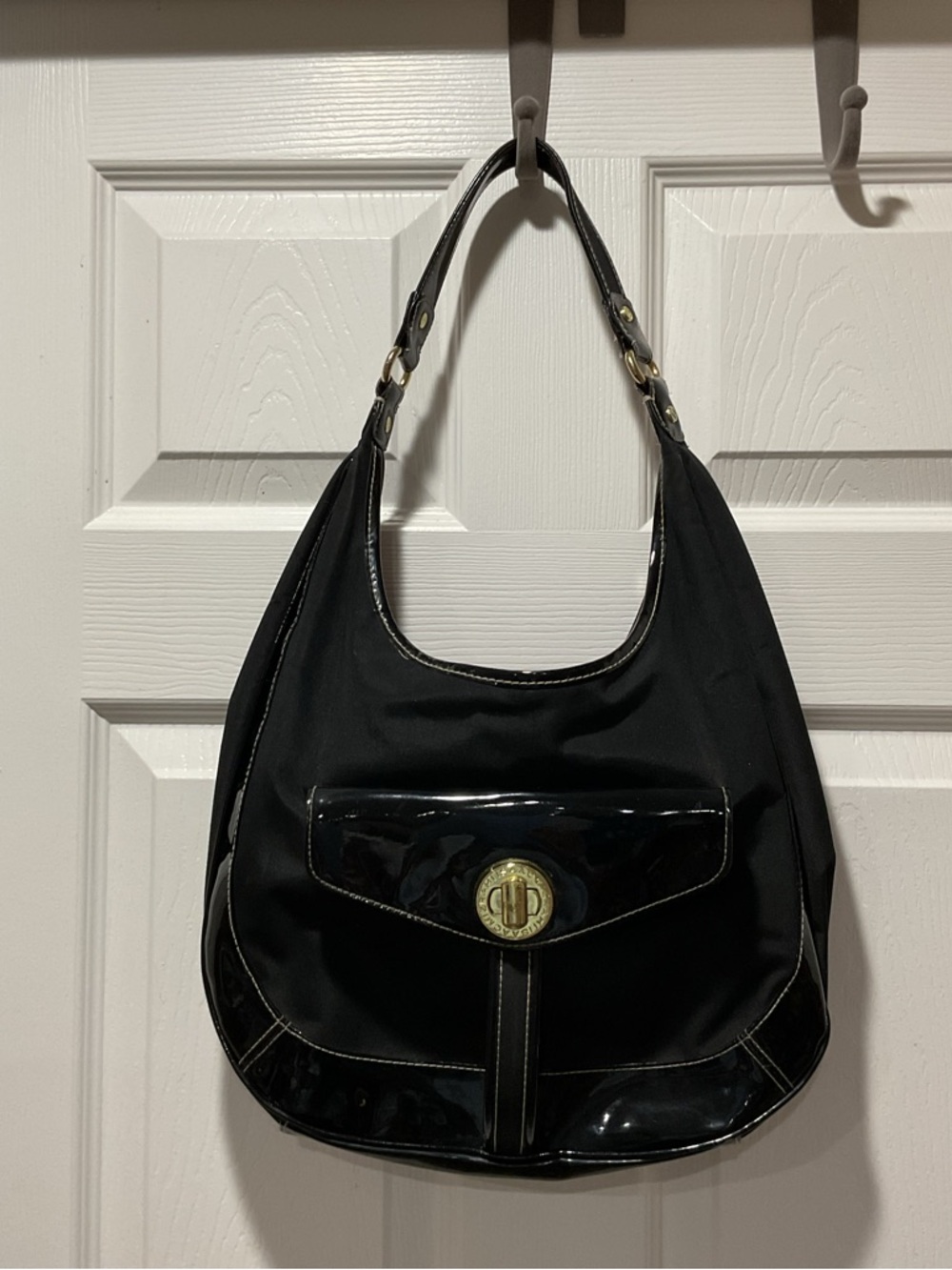 Black Women's Shoulder Bag with Gold Turn-Lock